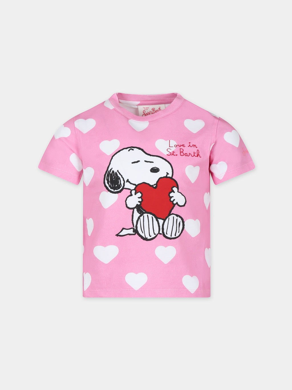 T-shirt rosa per bambina con stampa Snoopy e cuori